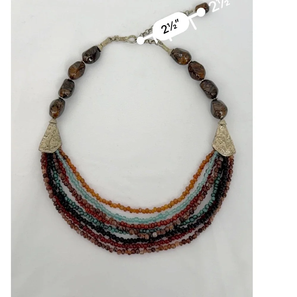 Boho Multi Strand Seed Bead Bib Necklace Earth Tone Marbled Resin Chic 103-156